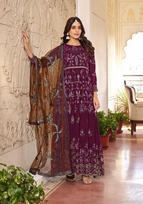 Purple And Brown Embroidered Georgette Kurta Set