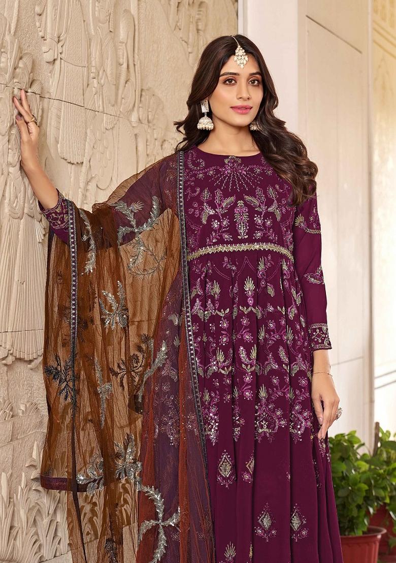 Purple And Brown Embroidered Georgette Kurta Set - Indya