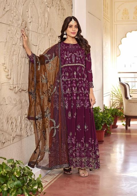 Purple And Brown Embroidered Georgette Kurta Set