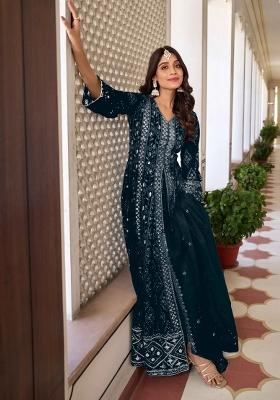 Blue Embroidered Georgette Kurta Set