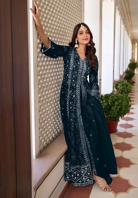Blue Embroidered Georgette Kurta Set