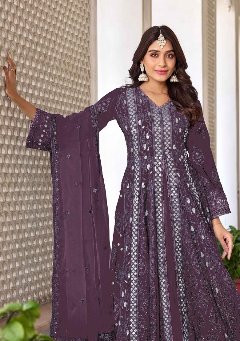 Mauve Embroidered Georgette Kurta Set - Indya