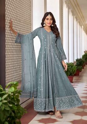 Grey Embroidered Georgette Kurta Set