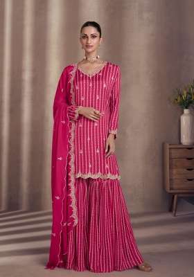 Pink Embroidered Chinon Kurta Set