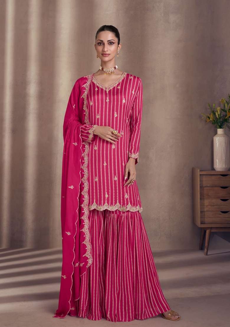 Pink Embroidered Chinon Kurta Set - Indya