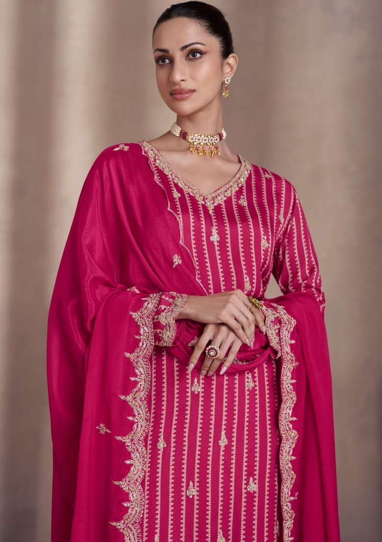 Pink Embroidered Chinon Kurta Set - Indya