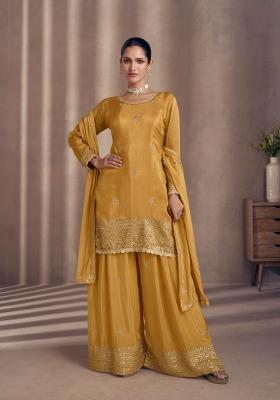 Mustard Embroidered Chinon Kurta Set