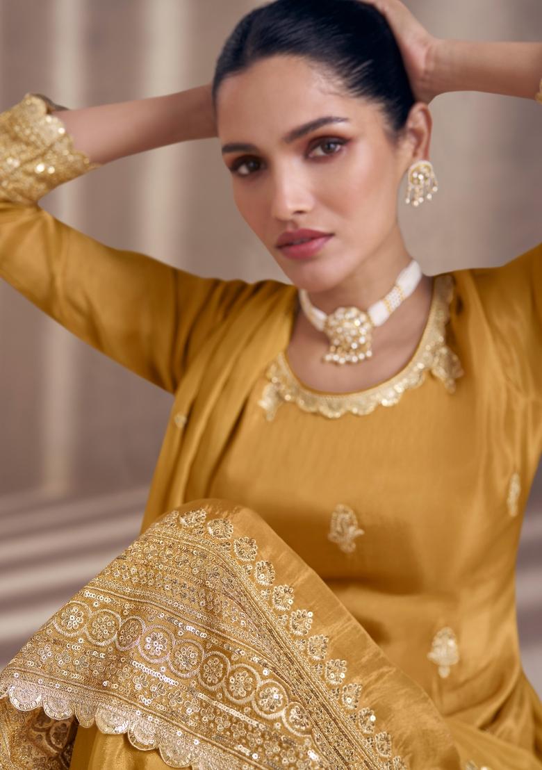 Mustard Embroidered Chinon Kurta Set - Indya