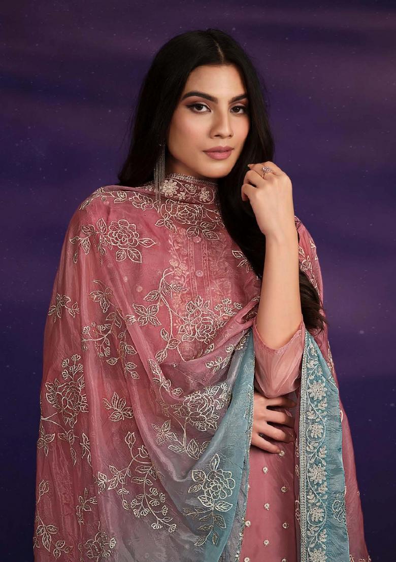 Pink Embroidered Organza Kurta Set - Indya
