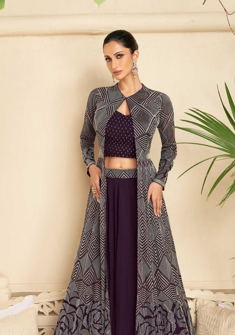 Purple Embroidered Georgette Kurta Set - Indya