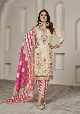 Cream And Pink Embroidered Georgette Kurta Set