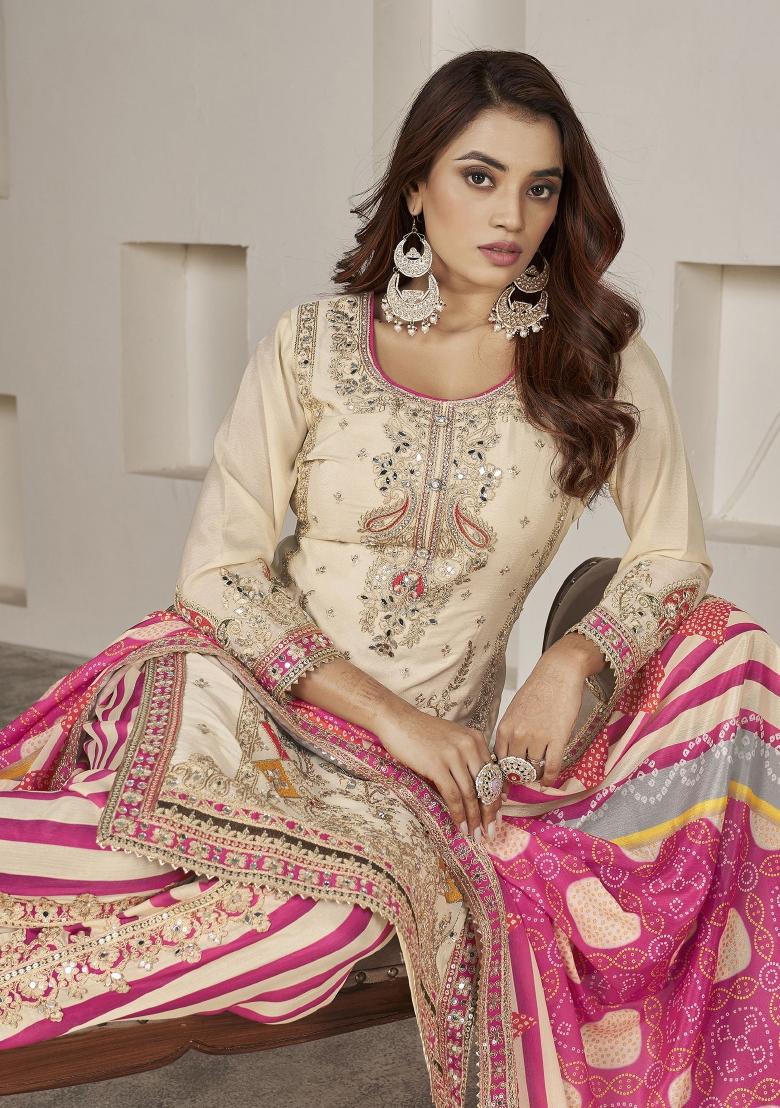 Cream And Pink Embroidered Georgette Kurta Set - Indya