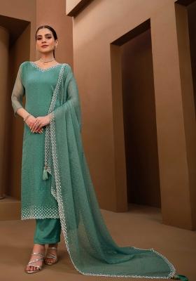 Teal Green Embroidered Chiffon Kurta Set