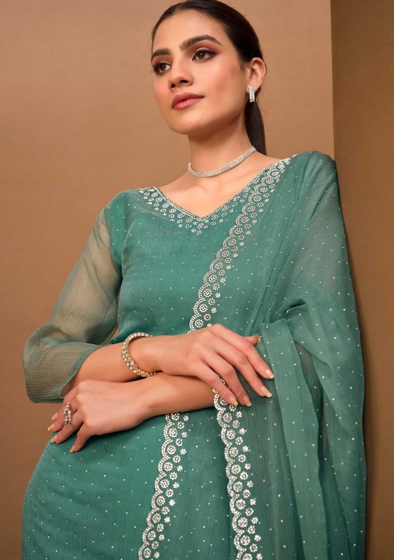Teal Green Embroidered Chiffon Kurta Set - Indya