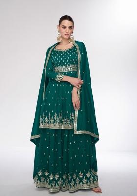 Teal Green Embroidered Silk Kurta Set