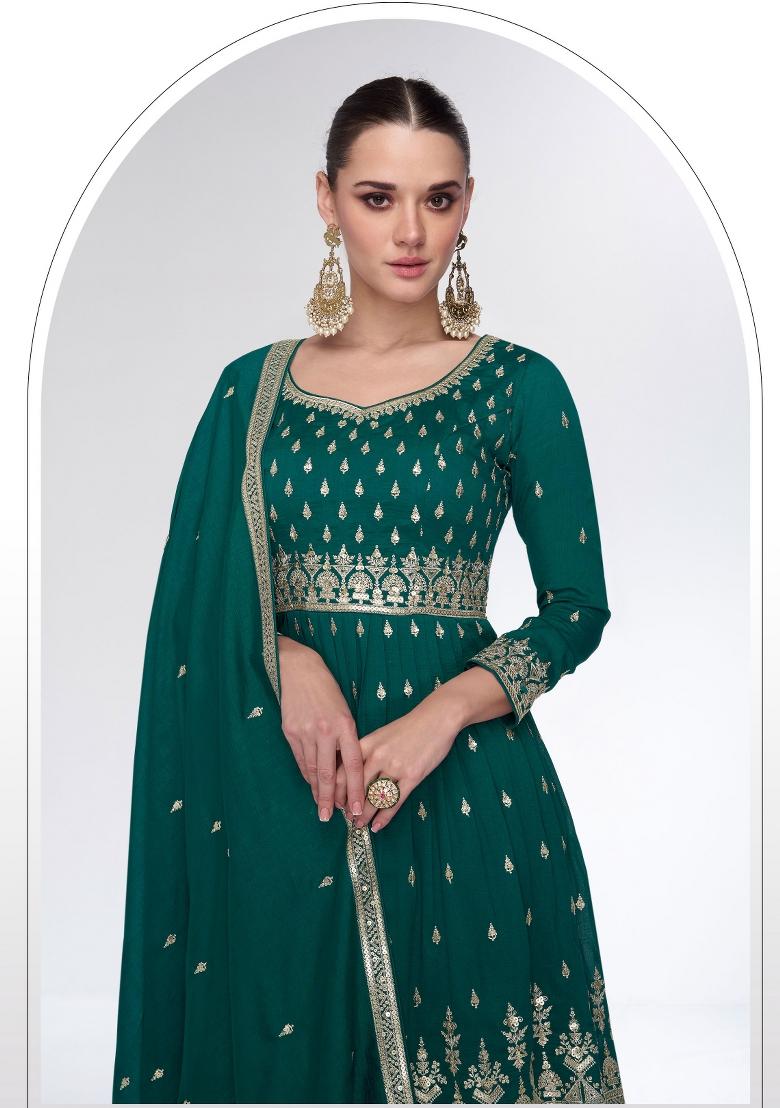 Teal Green Embroidered Silk Kurta Set - Indya