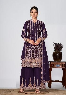 Purple Embroidered Chinon Kurta Set