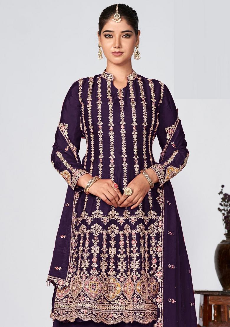Purple Embroidered Chinon Kurta Set - Indya