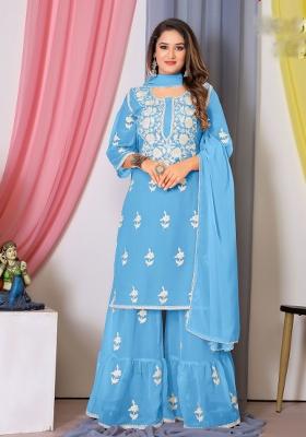 Blue Embroidered Georgette Kurta Set