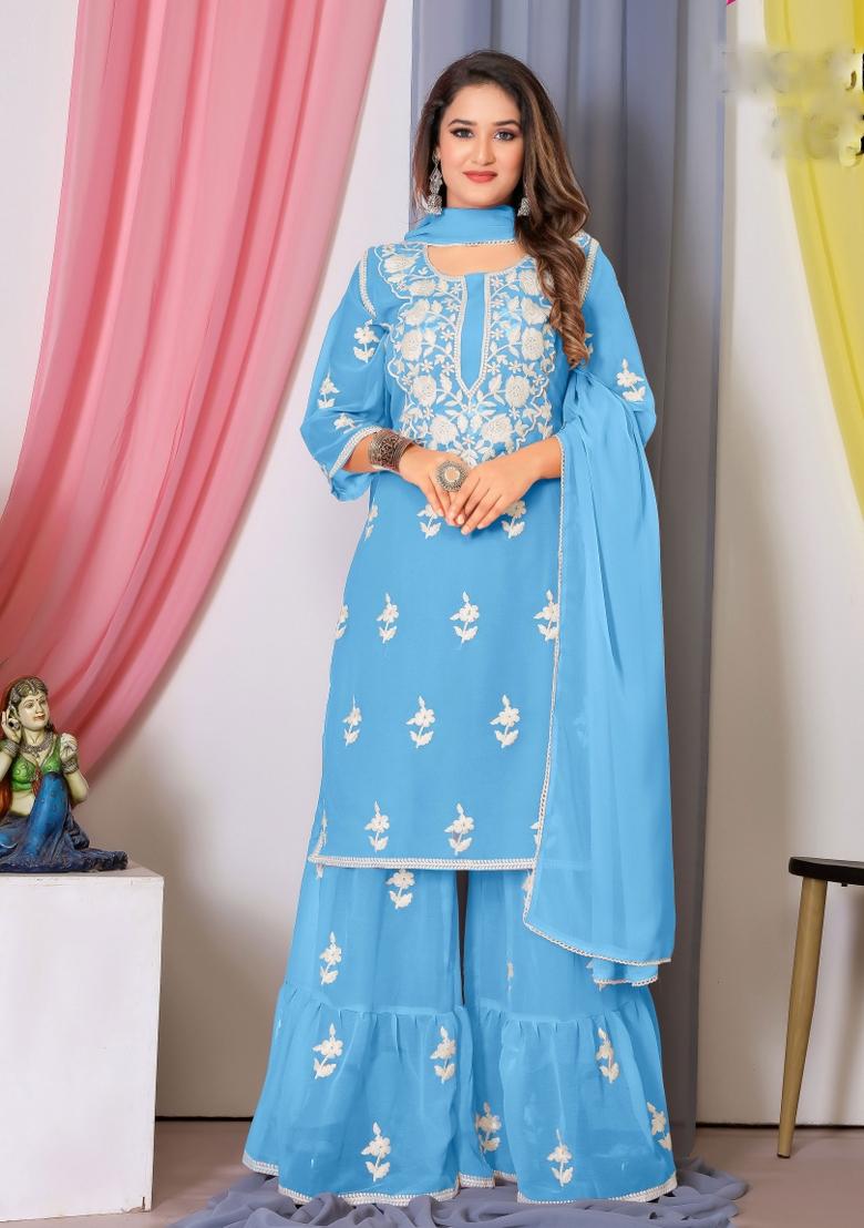 Blue Embroidered Georgette Kurta Set - Indya
