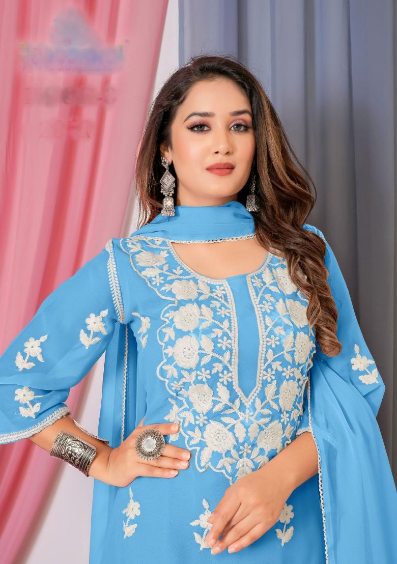 Blue Embroidered Georgette Kurta Set - Indya