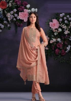 Peach Embroidered Organza Kurta Set