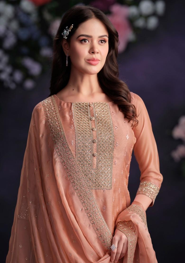 Peach Embroidered Organza Kurta Set - Indya
