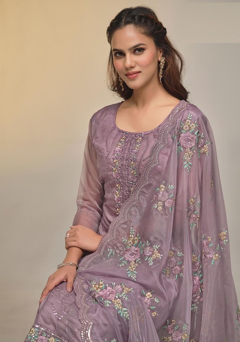 Mauve Embroidered Organza Kurta Set - Indya
