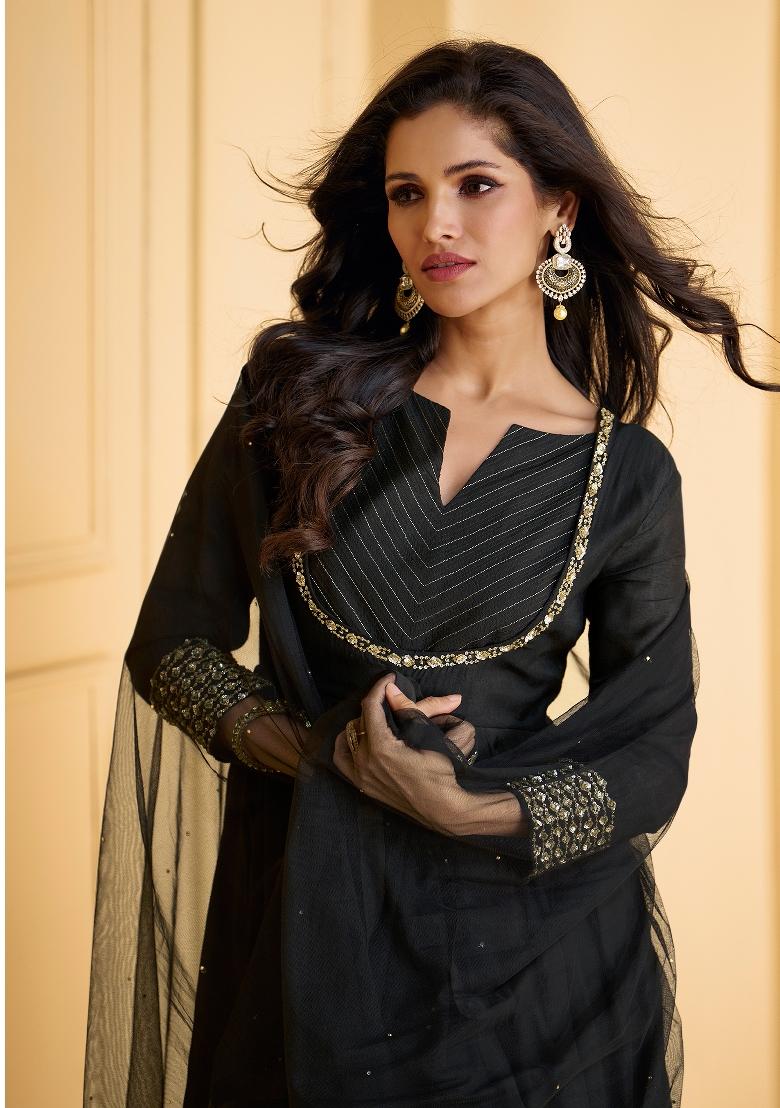 Black Embroidered Silk Kurta Set - Indya