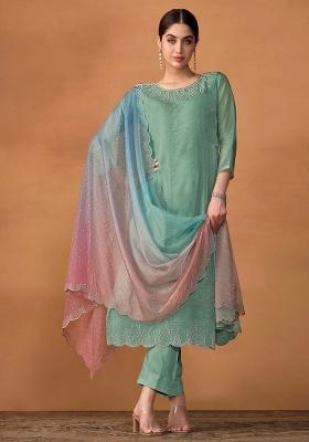 Turquoise Blue Embroidered Organza Kurta Set