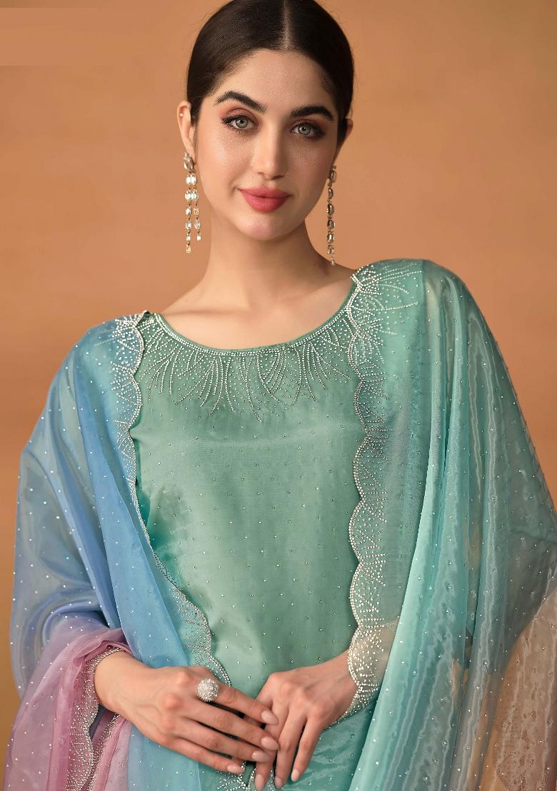 Turquoise Blue Embroidered Organza Kurta Set - Indya