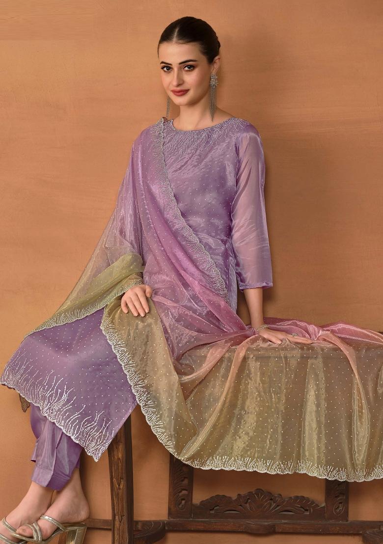 Lavender Embroidered Organza Kurta Set - Indya