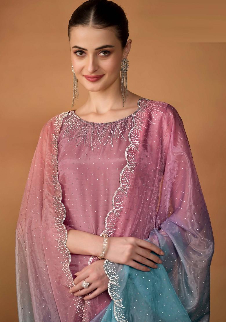 Mauve Embroidered Organza Kurta Set - Indya