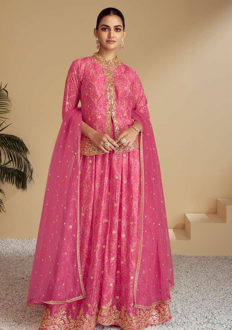 Pink Embroidered Chinon Kurta Set - Indya