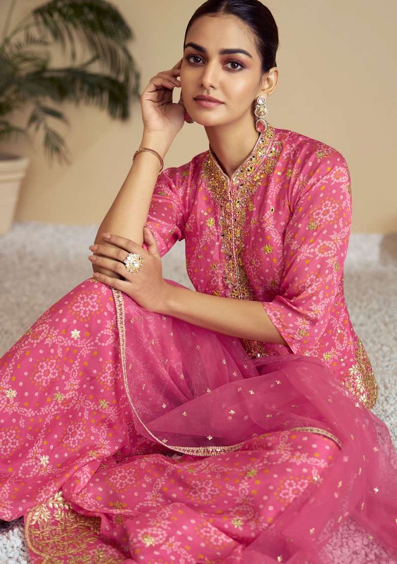 Pink Embroidered Chinon Kurta Set - Indya