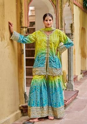 Green And Blue Embroidered Chinon Kurta Set