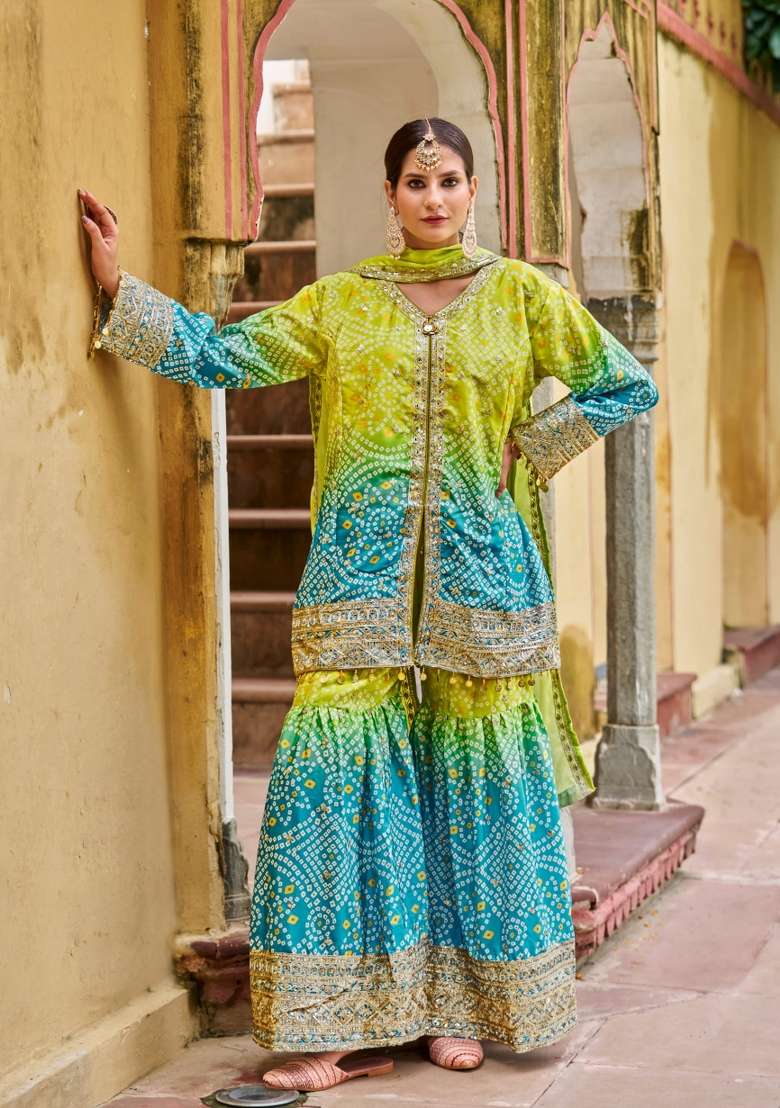 Green And Blue Embroidered Chinon Kurta Set - Indya