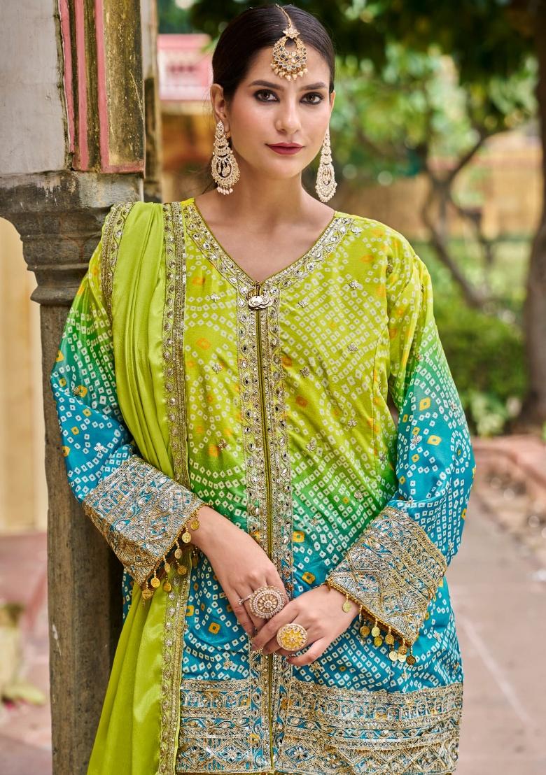 Green And Blue Embroidered Chinon Kurta Set - Indya