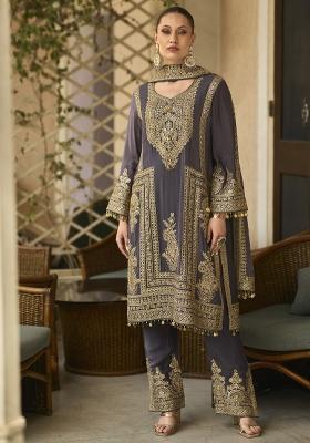 Purple Embroidered Chinon Kurta Set