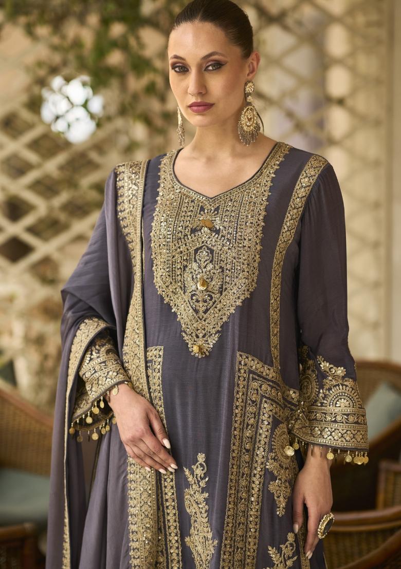 Purple Embroidered Chinon Kurta Set - Indya