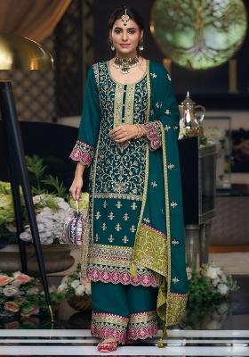 Teal Green Embroidered Chinon Kurta Set