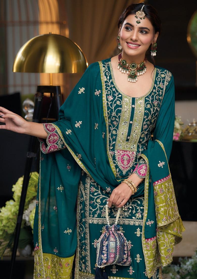 Teal Green Embroidered Chinon Kurta Set - Indya