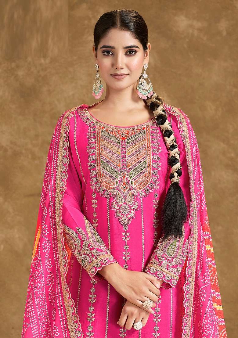 Pink Embroidered Chinon Kurta Set - Indya