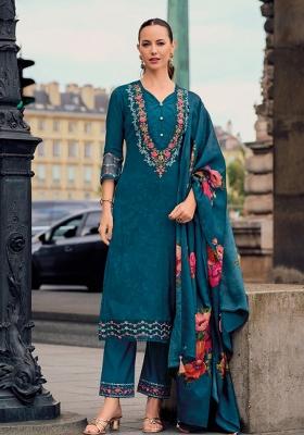 Teal Blue Embroidered Jacquard Kurta Set
