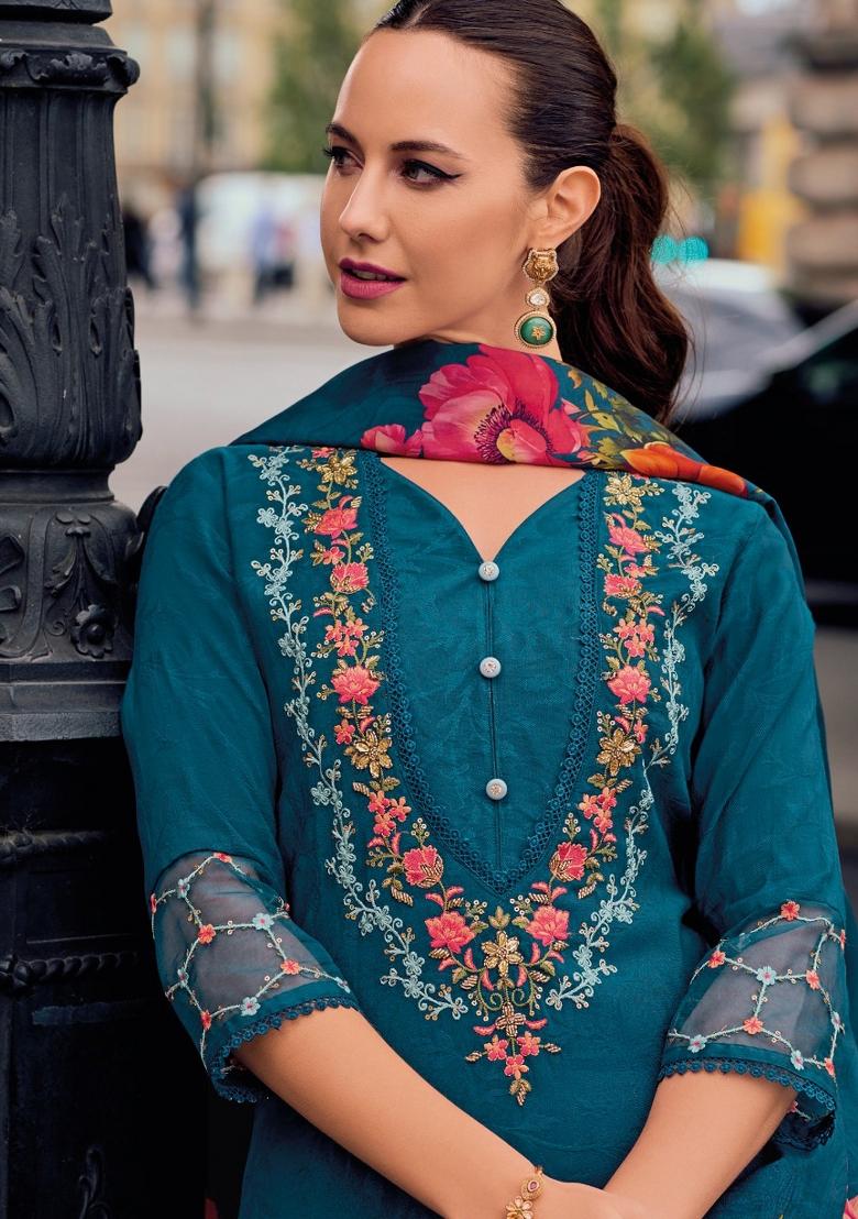 Teal Blue Embroidered Jacquard Kurta Set - Indya