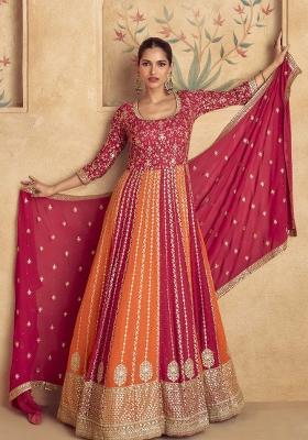 Pink And Orange Embroidered Georgette Kurta With Dupatta