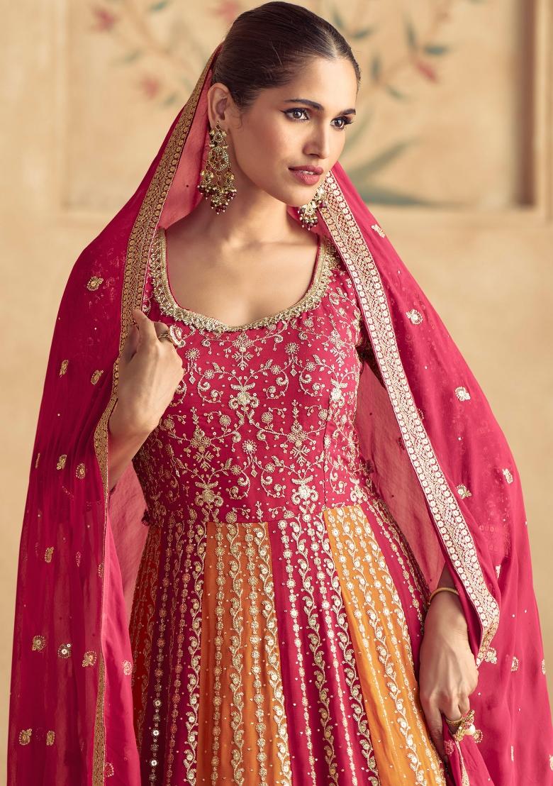 Pink And Orange Embroidered Georgette Kurta With Dupatta - Indya