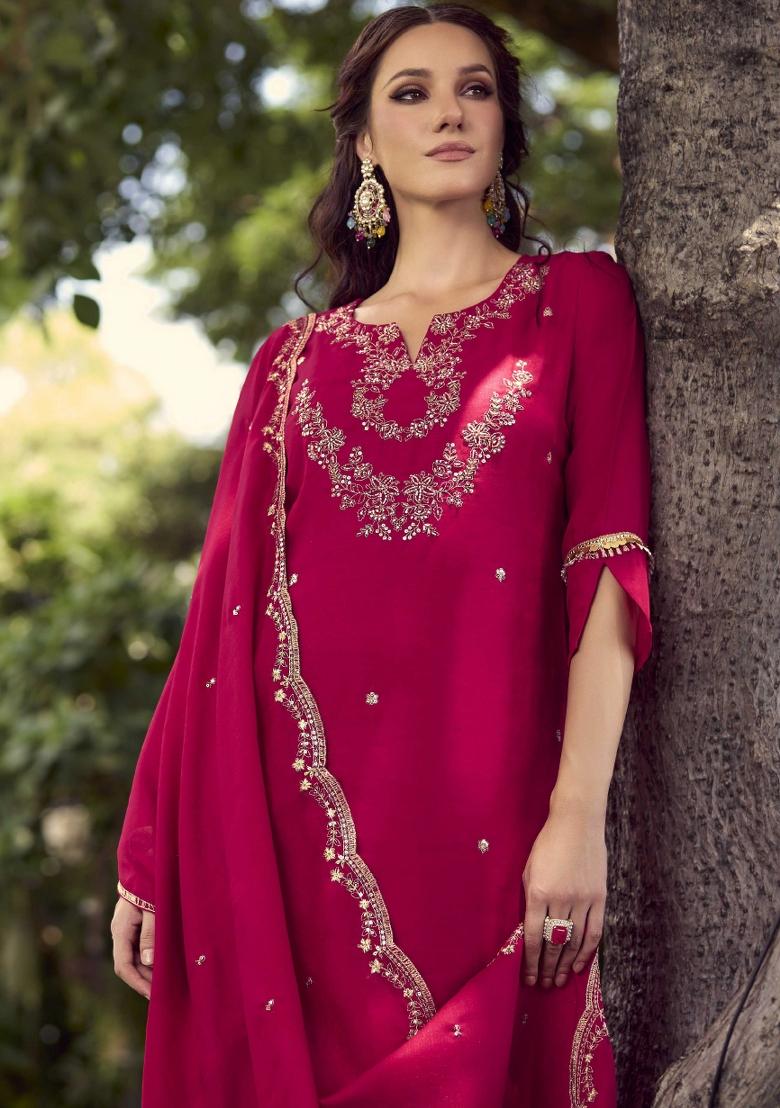 Pink Embroidered Shimmer Kurta Set - Indya