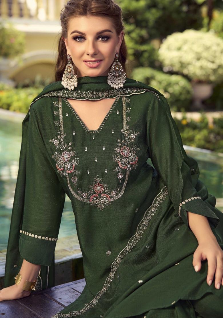 Green Embroidered Shimmer Kurta Set - Indya