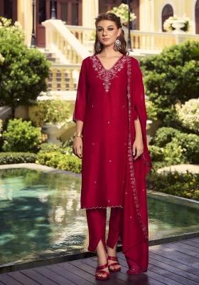 Maroon Embroidered Shimmer Kurta Set